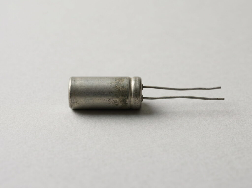 Kondensator från lysrörsarmatur — typisk PCB-källa i byggnader 1956–1973